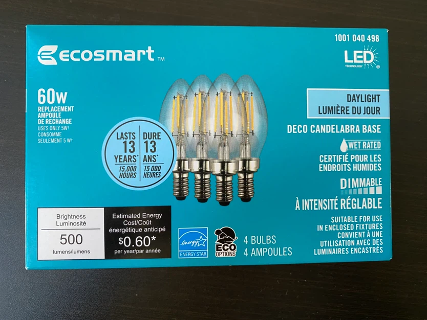 BRAND NEW EcoSmart 60W Replacement LED Candelabra Bulbs 4-Pack