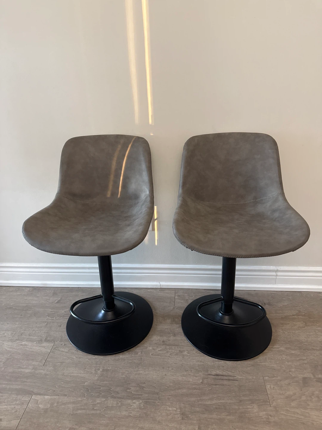 Two Grey Faux Leather Bar Stools