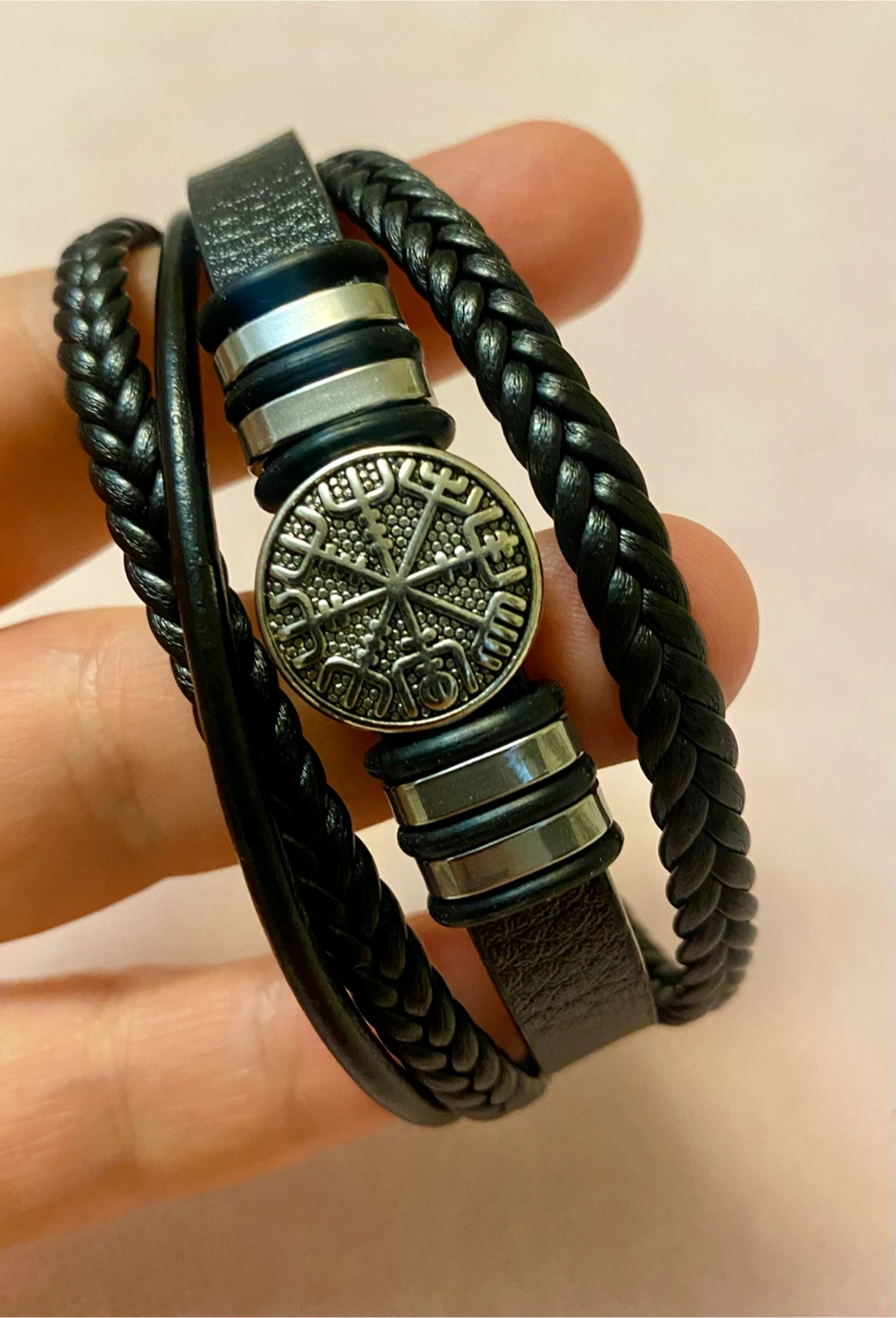 Viking Vegvisir Black Leather Bracelet