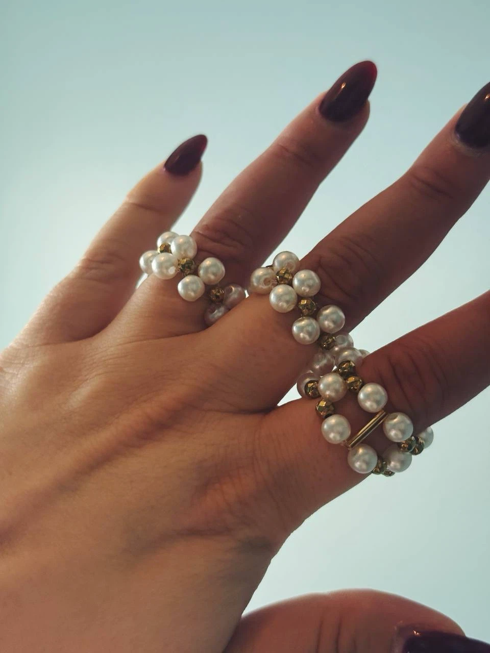 Beaded Pearl-Look Ring Set, 3 Rings with Gold-Toned Beads