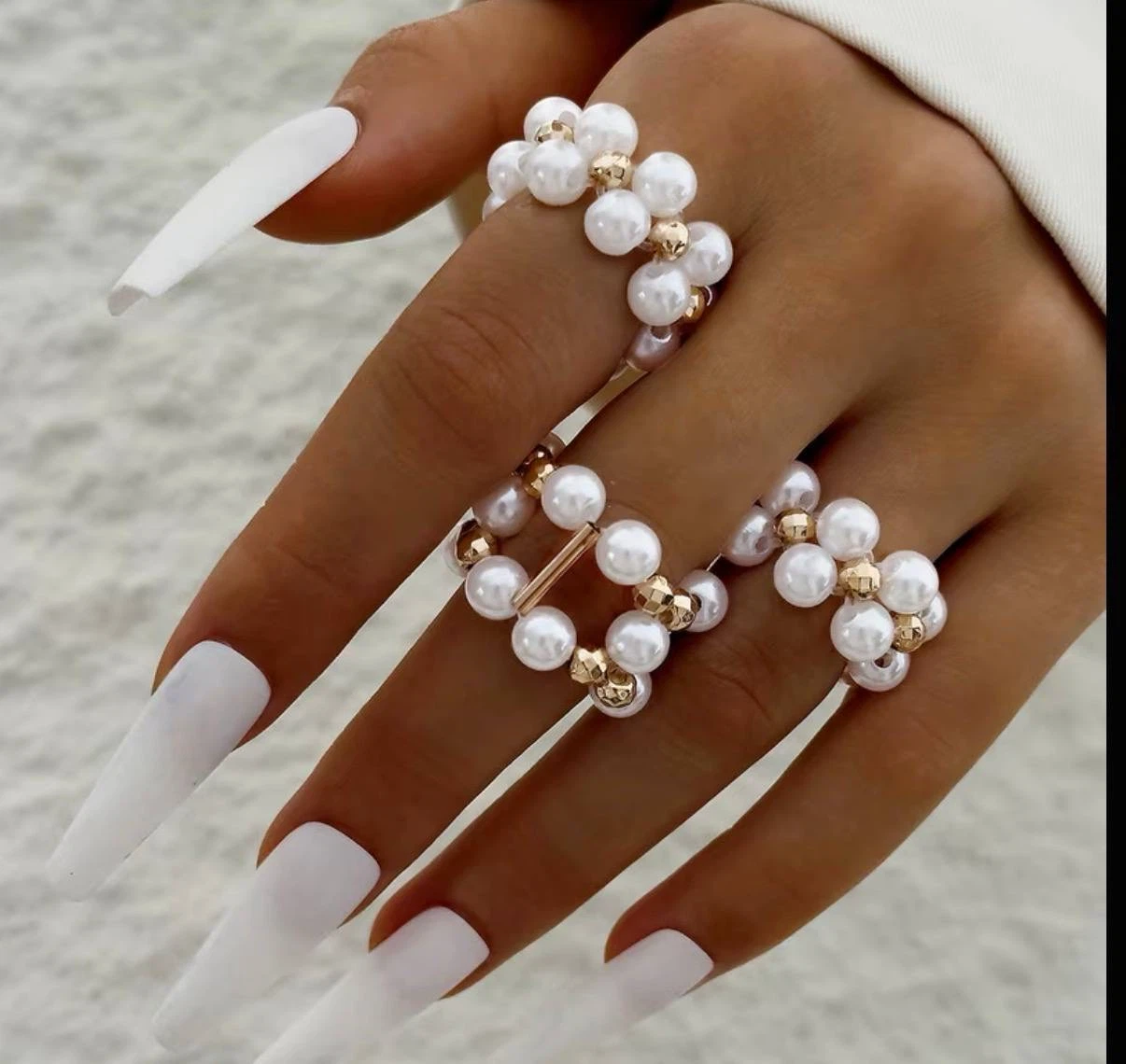 Beaded Pearl-Look Ring Set, 3 Rings with Gold-Toned Beads - photo 2
