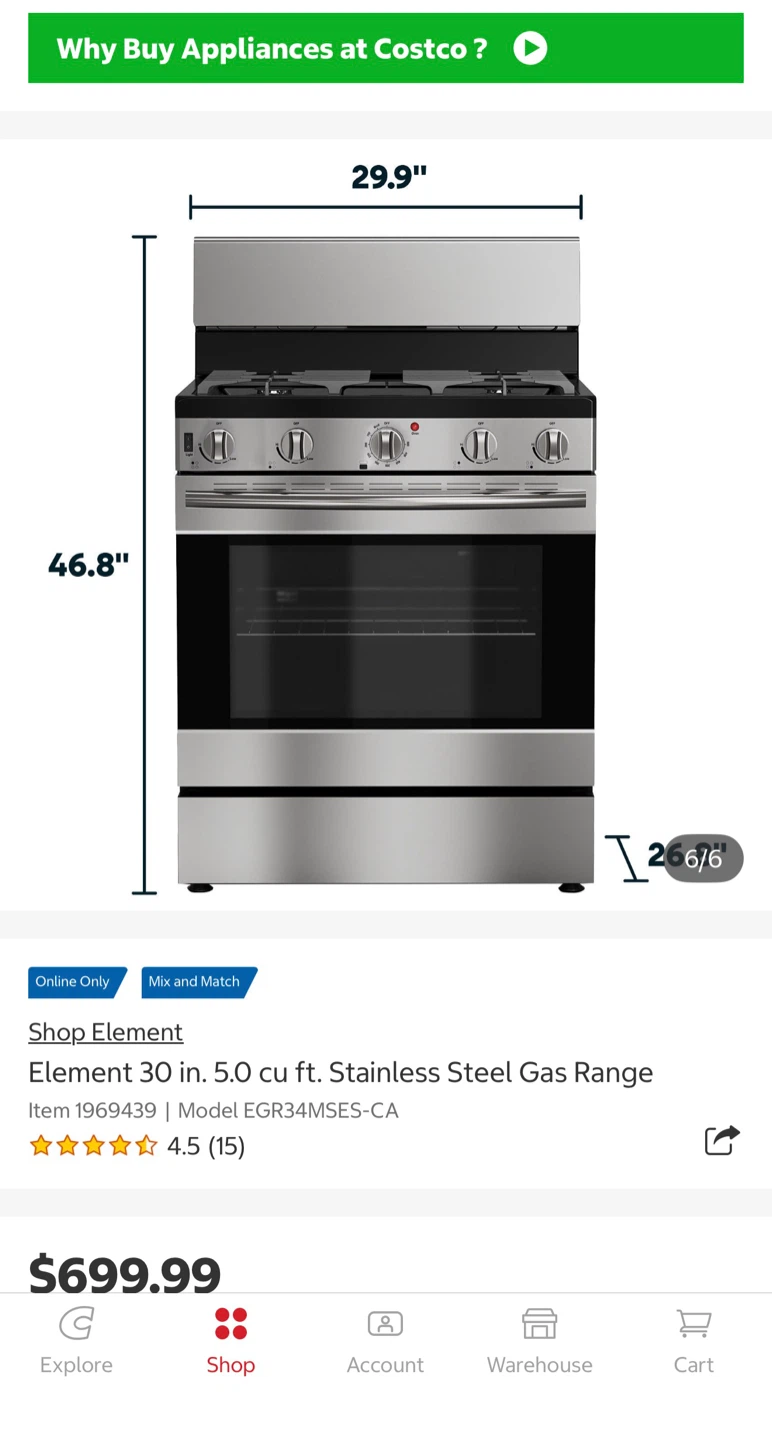 Element 30 in. 5.0 cu ft. Stainless Steel Gas Range
