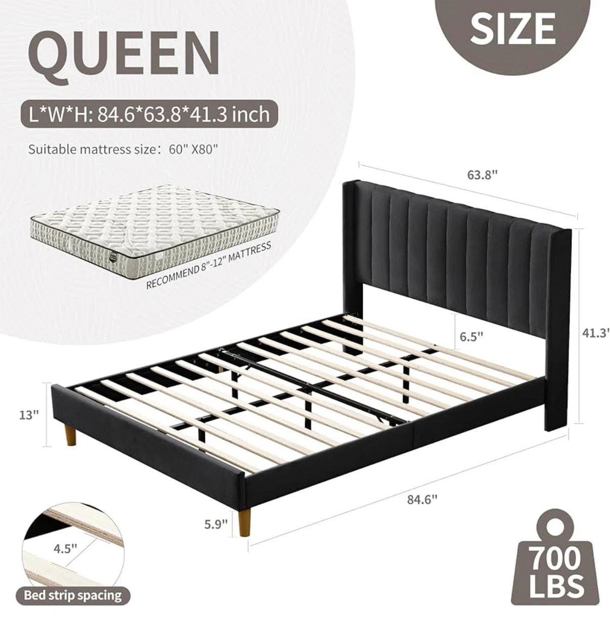 Queen Size Black Upholstered Bed Frame