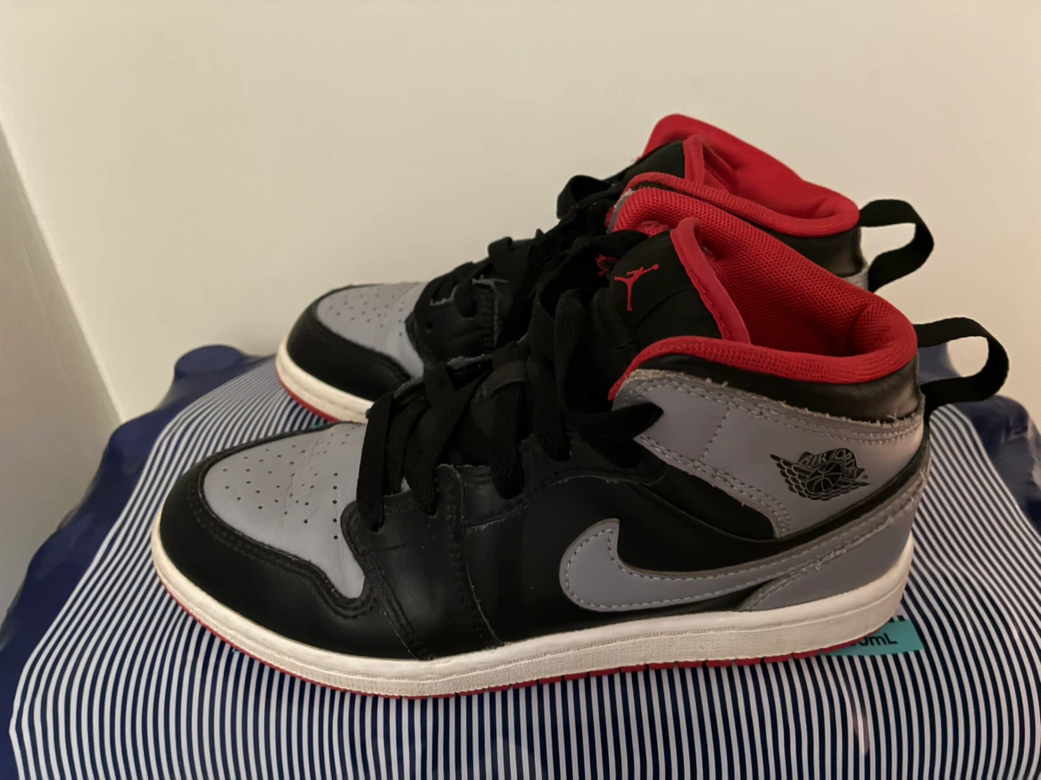 Jordan 1 Mid Sneakers Black/Grey/Red Size 2Y