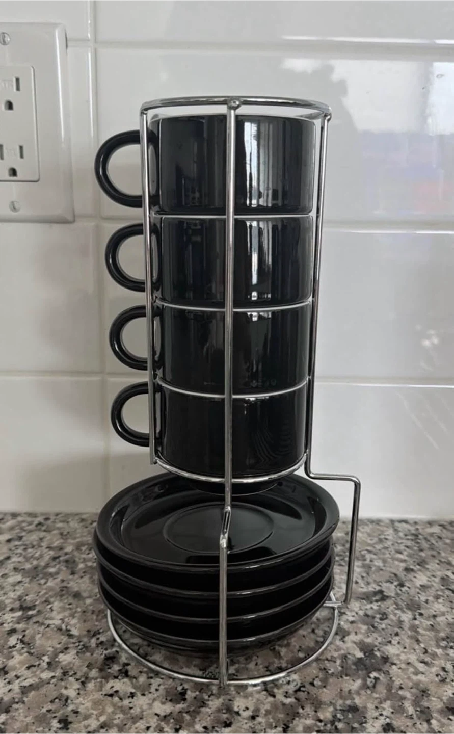 Set of 4 Black Espresso Cups and Saucers with Stand