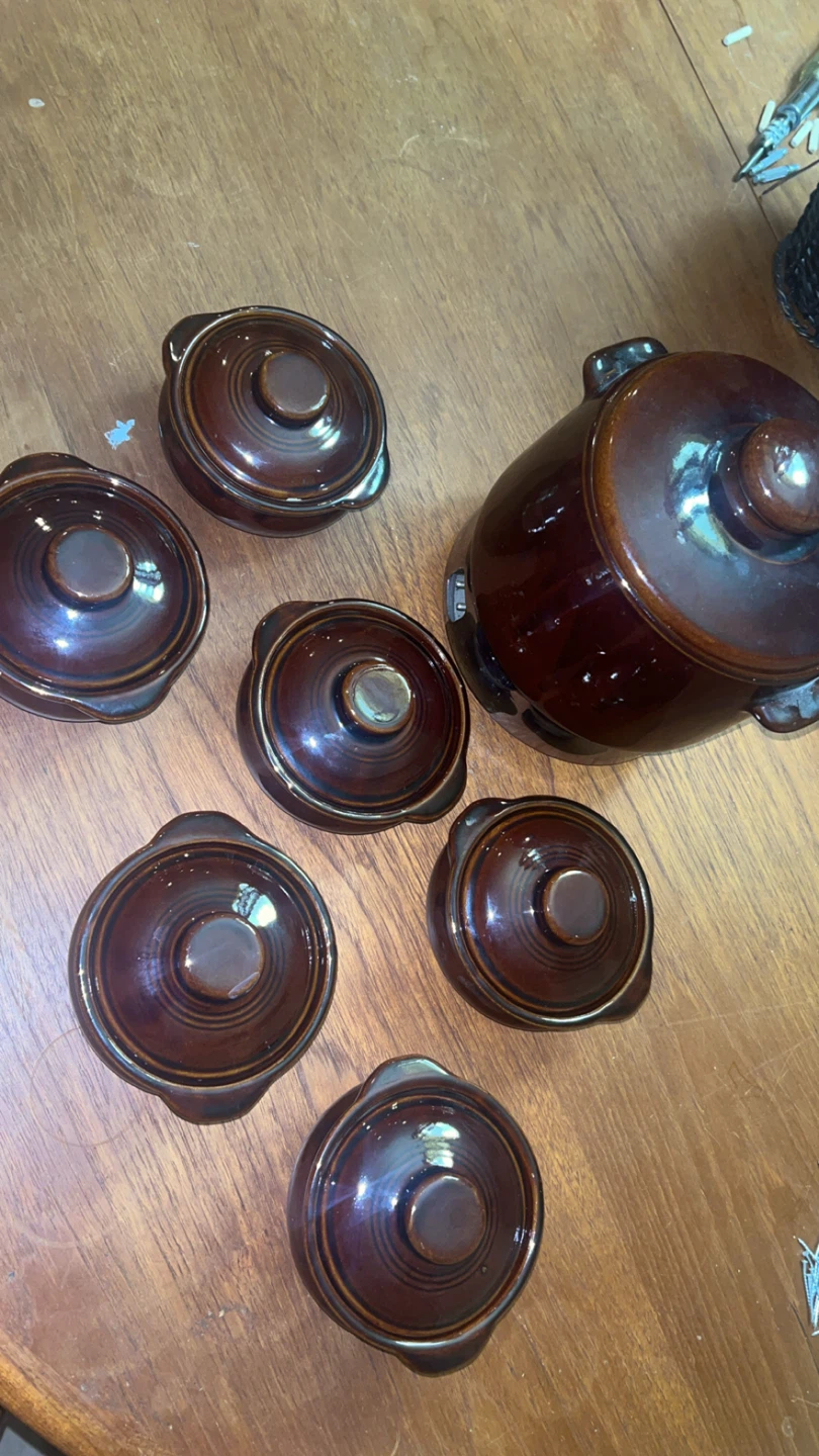 Vintage Brown and Cream Stoneware Soup Pot with 6 Bowls