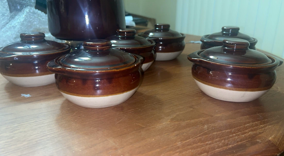 Vintage Brown and Cream Stoneware Soup Pot with 6 Bowls - photo 3