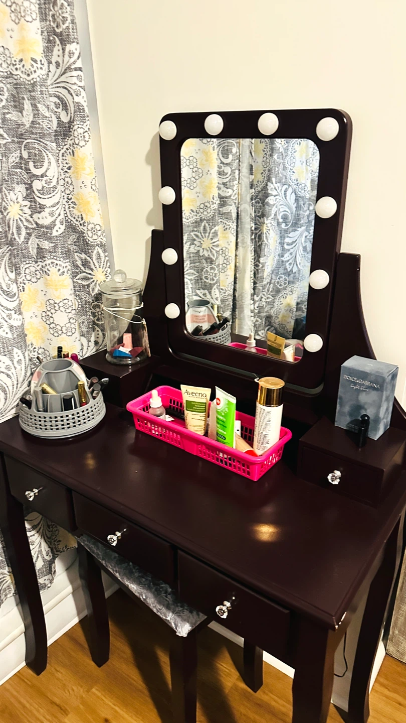 Dark Wood Vanity Table with Lighted Mirror