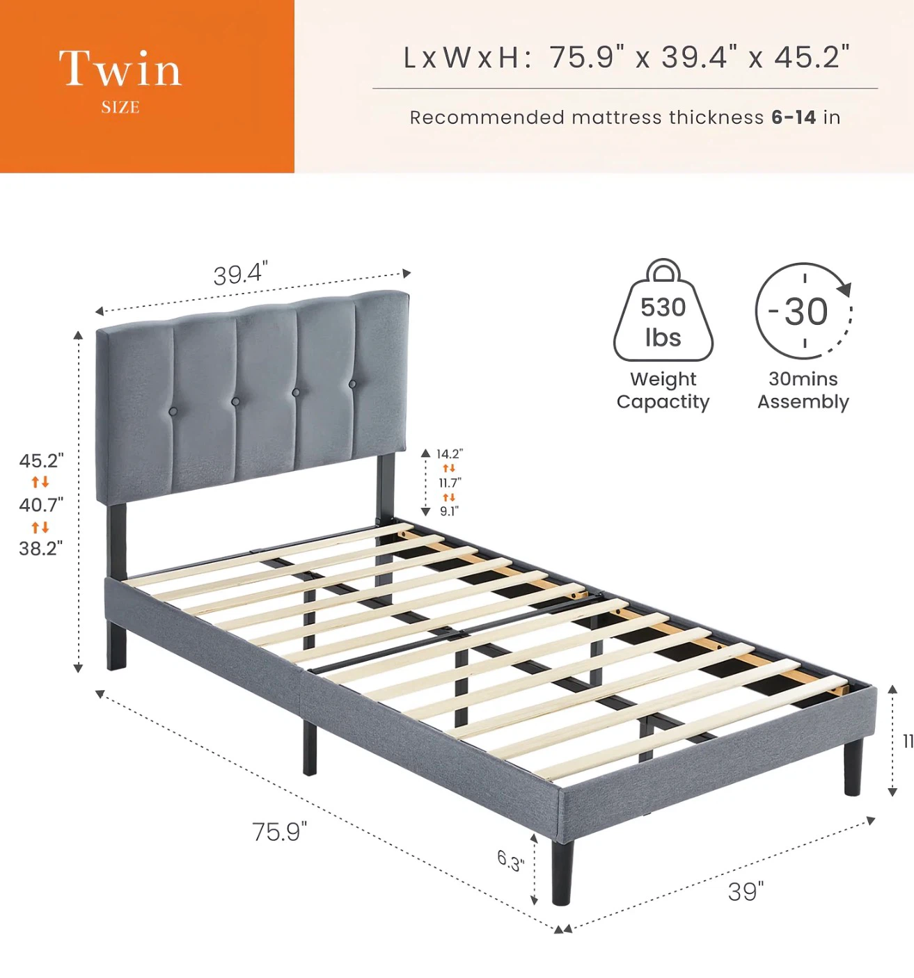 Twin size grey upholstered bed frame