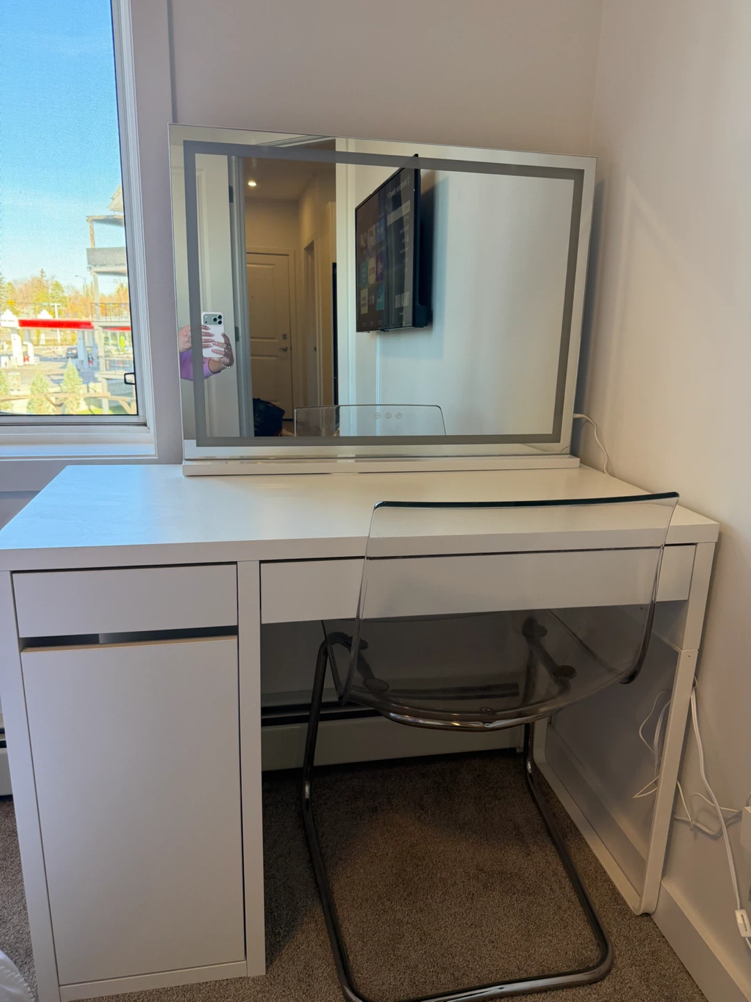 IKEA MICKE Vanity Desk with Lighted Mirror and chair