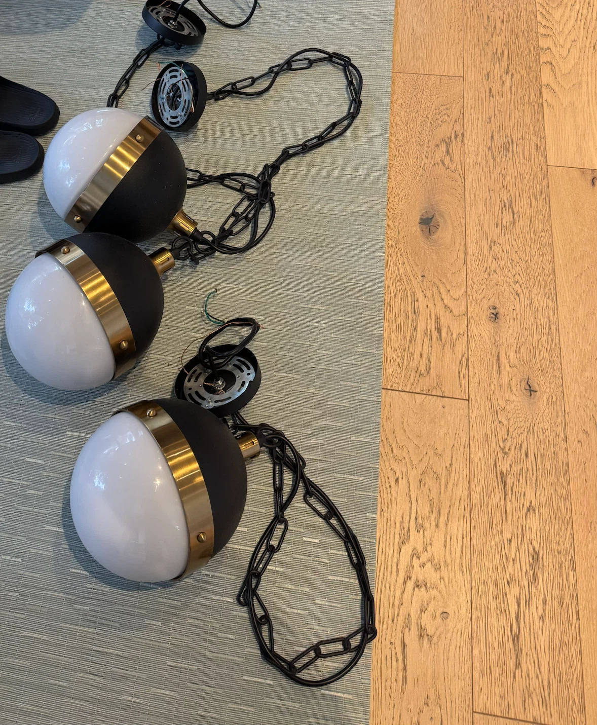 Set of 3 Black and Brass Globe Pendant Lights