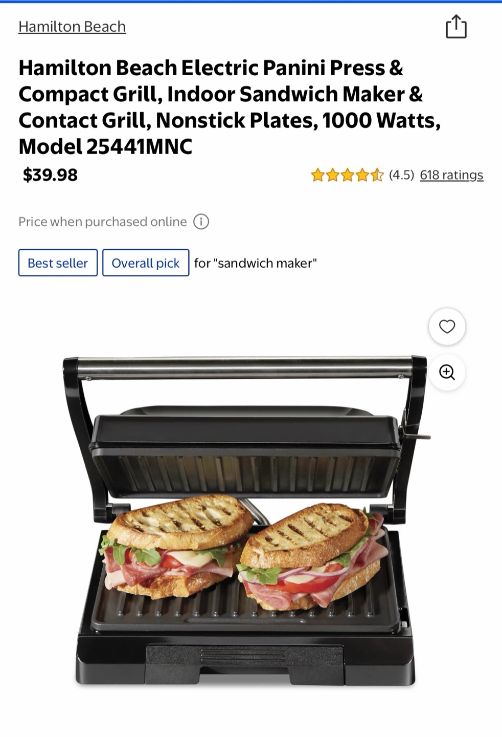 Hamilton Beach Electric Panini Press 25441MNC
