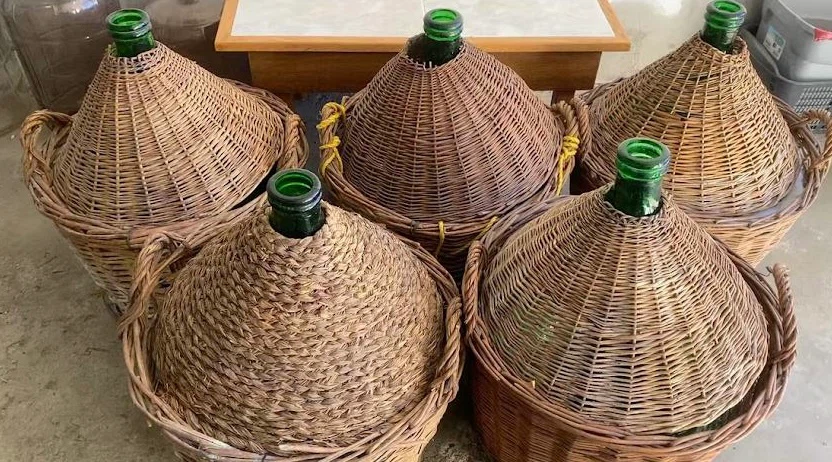 Vintage 1960s Wicker Demijohns / Carboys - Emerald Glass
