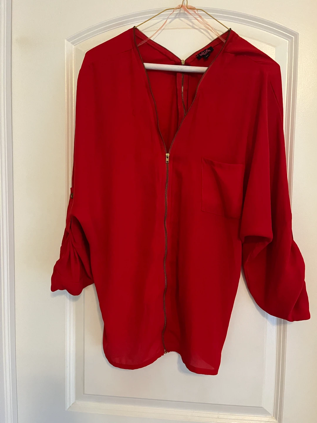 Blush Red Zipper Front Blouse