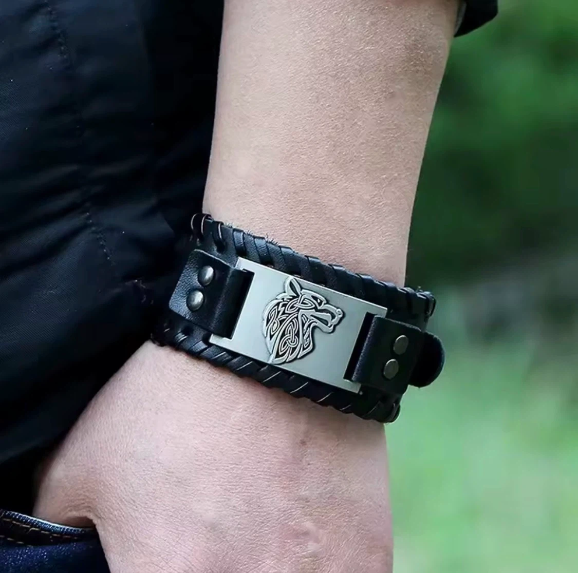 Celtic Wolf Black Leather Bracelet