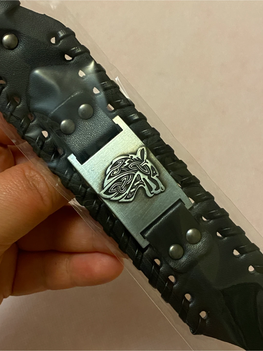 Celtic Wolf Black Leather Bracelet - photo 4
