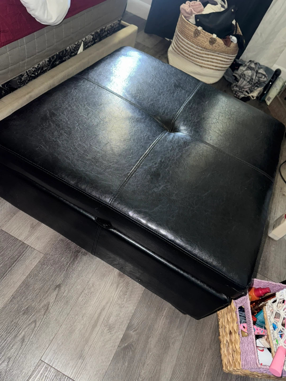 Black Faux Leather Storage Ottoman