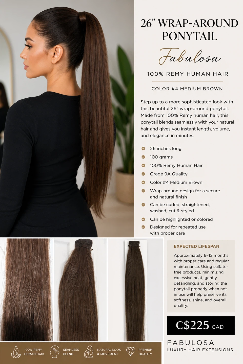 26" Wrap-Around Ponytail - Medium Brown Remy 100% Human Hair