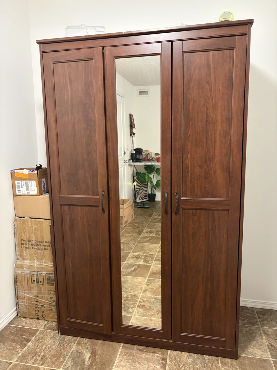 IKEA Three-Door Wood Tone Wardrobe with Mirror