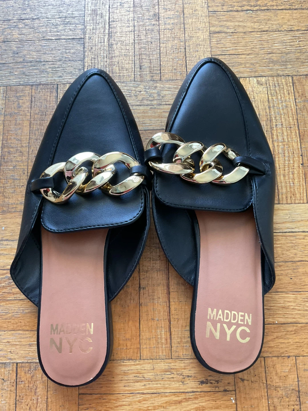 Madden NYC Black Mules with Gold Chain