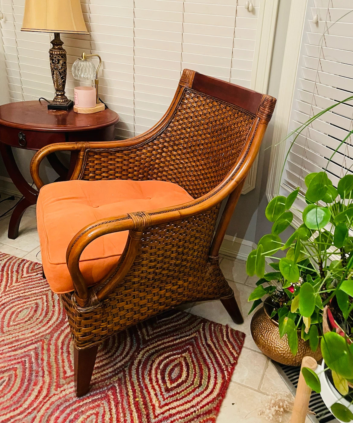 Two Wicker Accent Chairs with Orange Cushions - photo 2