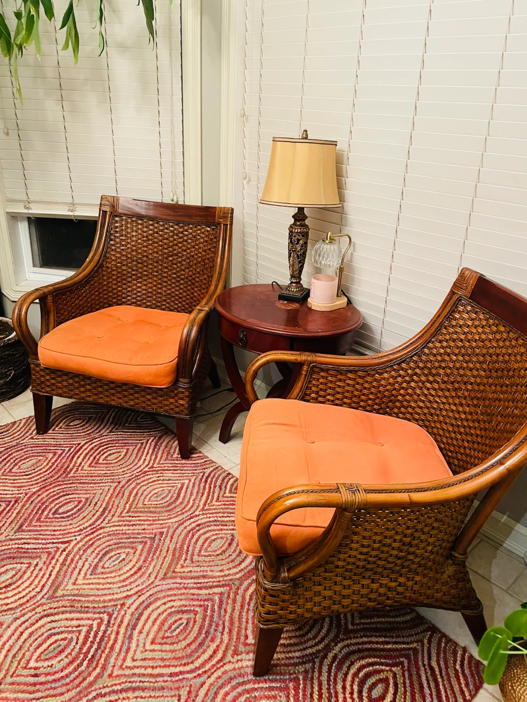 Two Wicker Accent Chairs with Orange Cushions - photo 3