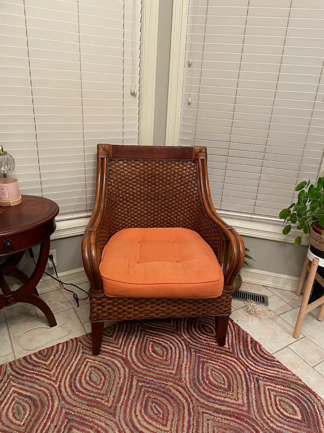 Two Wicker Accent Chairs with Orange Cushions - photo 4