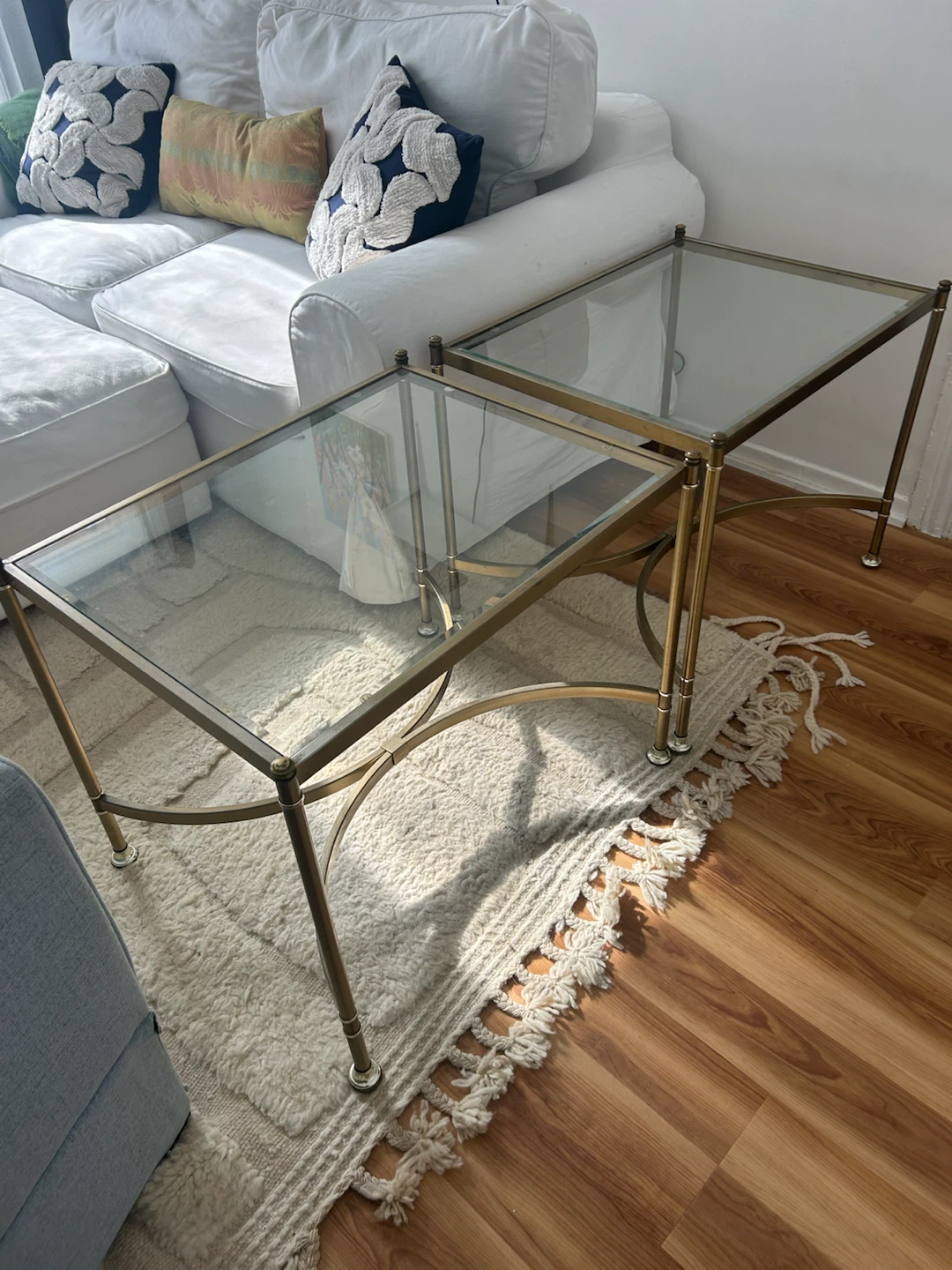 Set of vintage gold metal and glass side tables