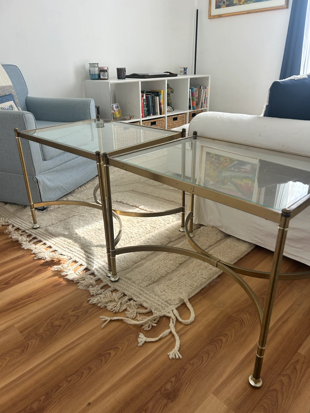 Set of vintage gold metal and glass side tables - photo 2