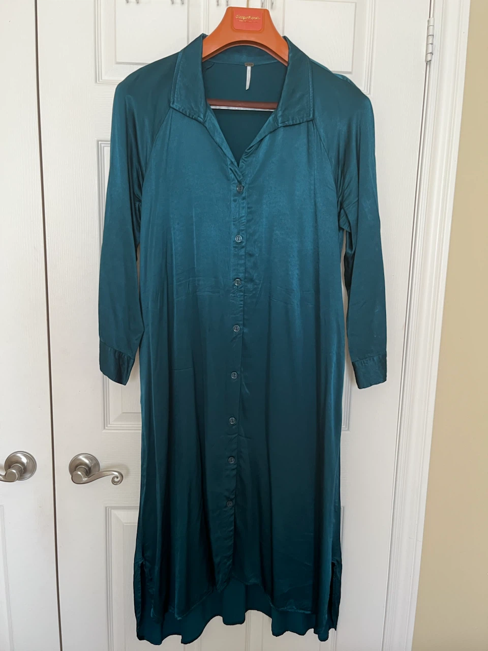 Teal Satin Shirt Dress