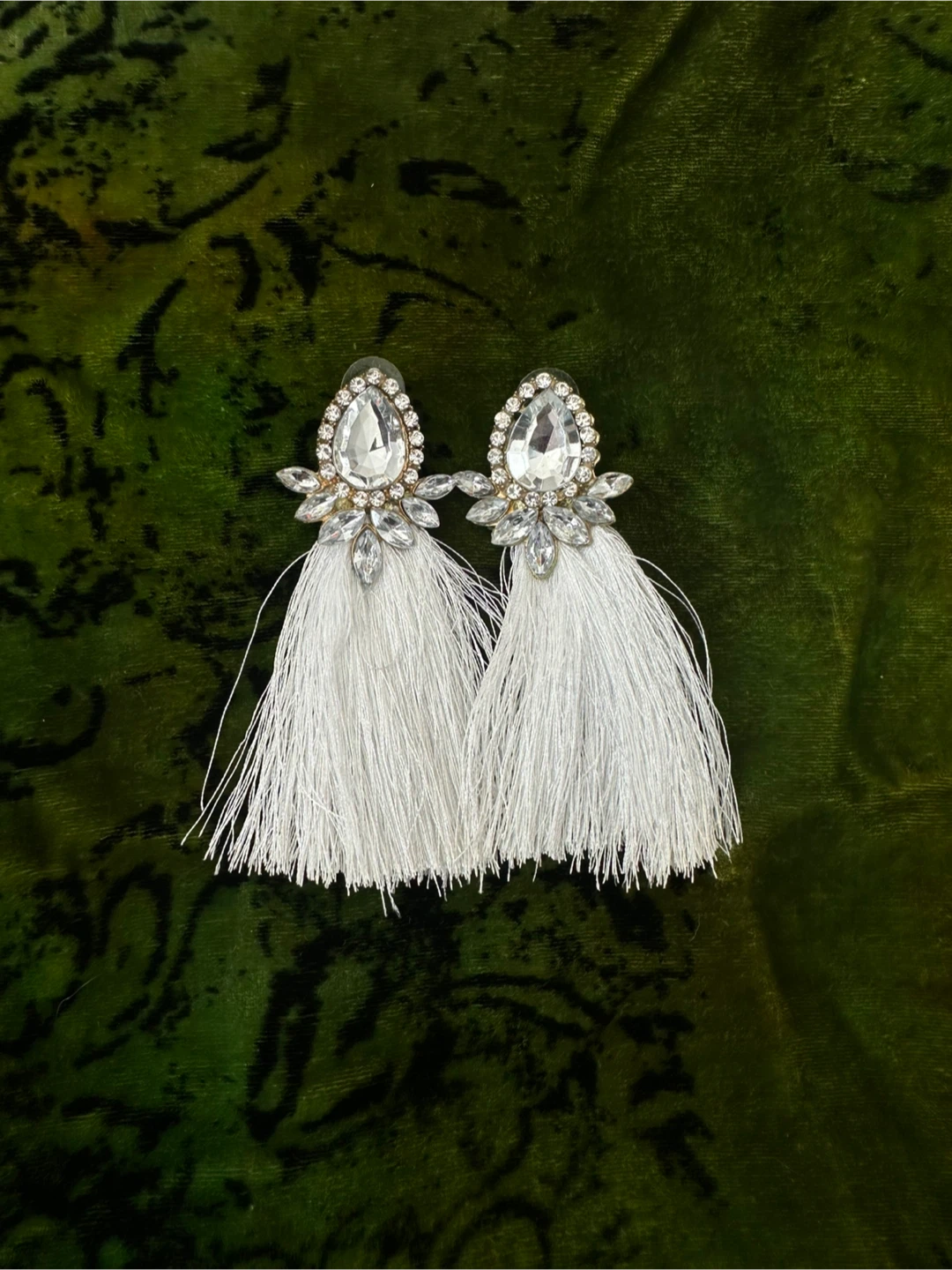White Tassel Earrings with Crystal Accents