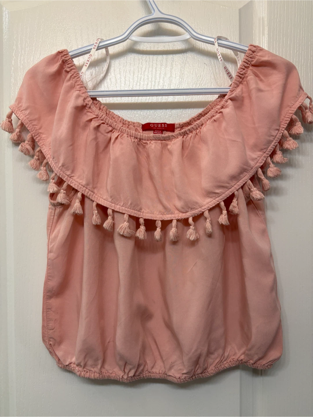 Guess Red Off-Shoulder Tassel Top L fits M