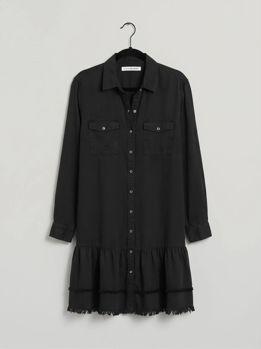 Standard Grace Black Button-Down Shirt Dress w/ Fringe Hem - M