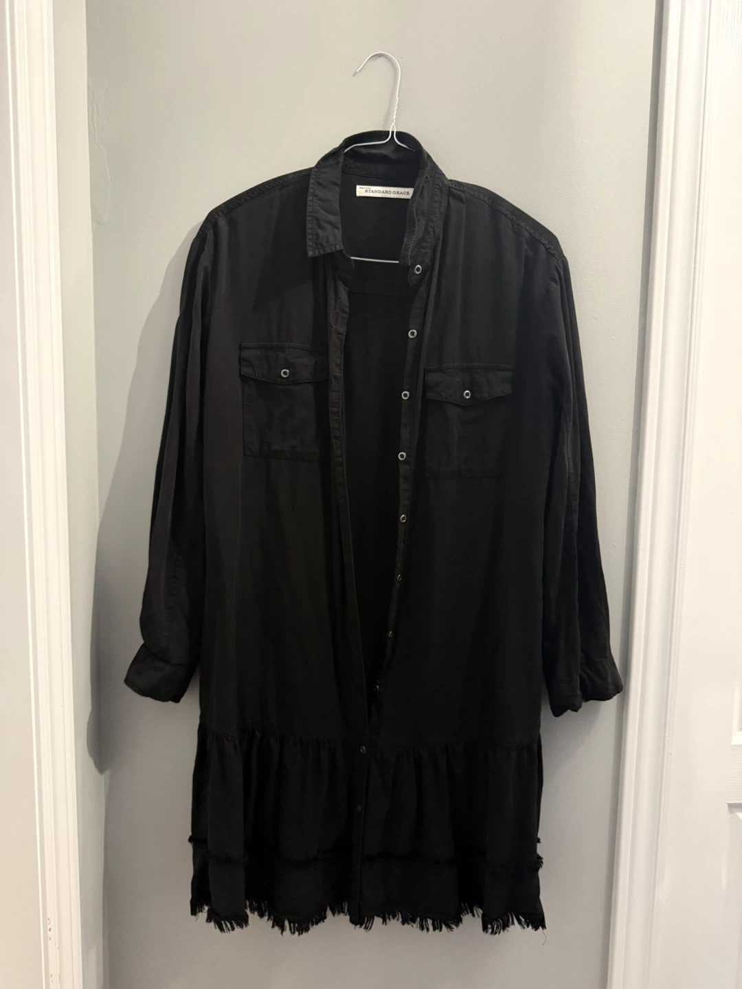Standard Grace Black Button-Down Shirt Dress w/ Fringe Hem - M - photo 2
