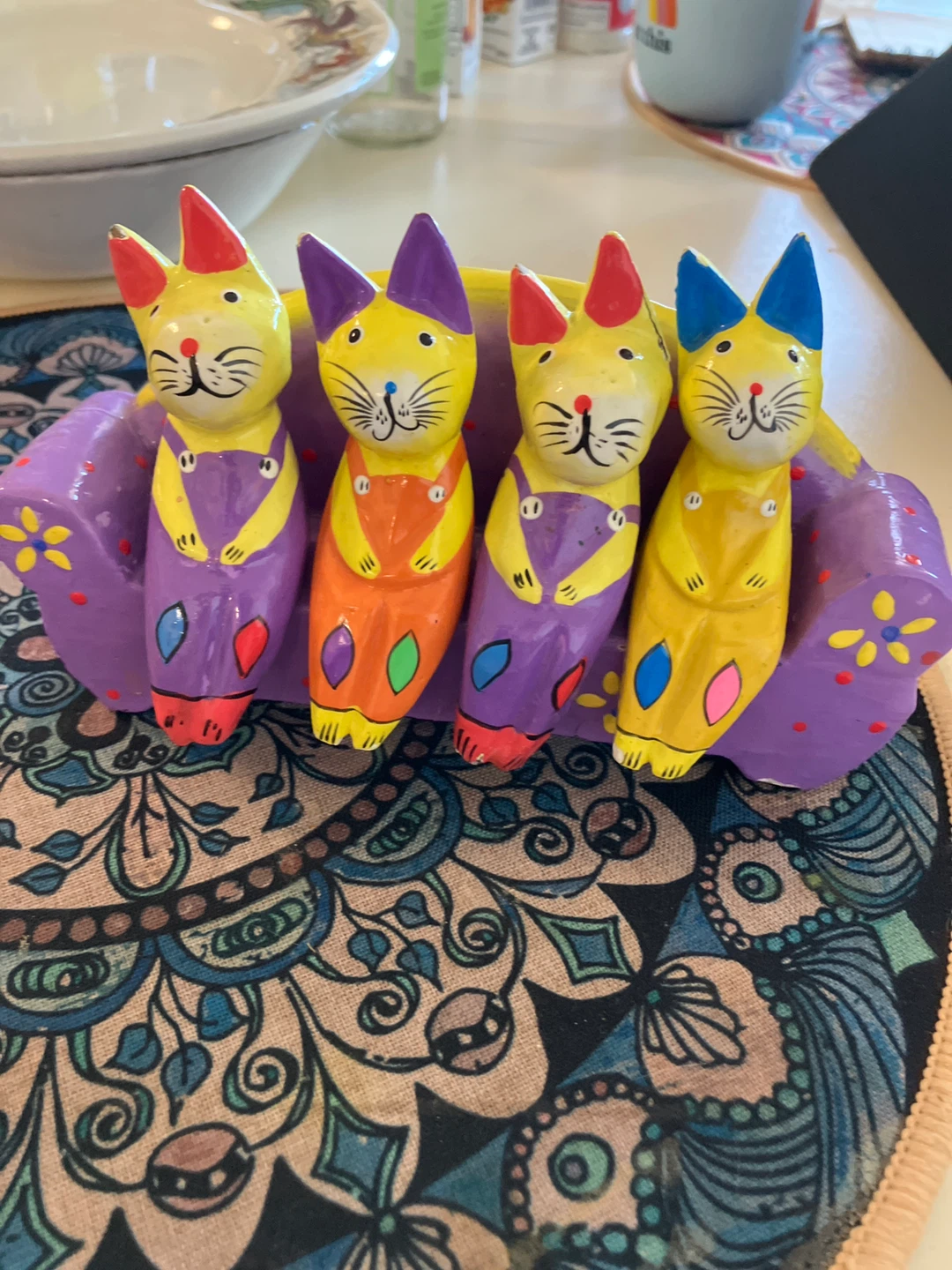 Hand-Painted Wooden Cat Figurine Bench