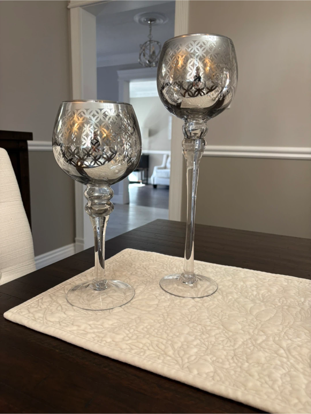 Set of Two Silver Patterned Glass Candle Holders