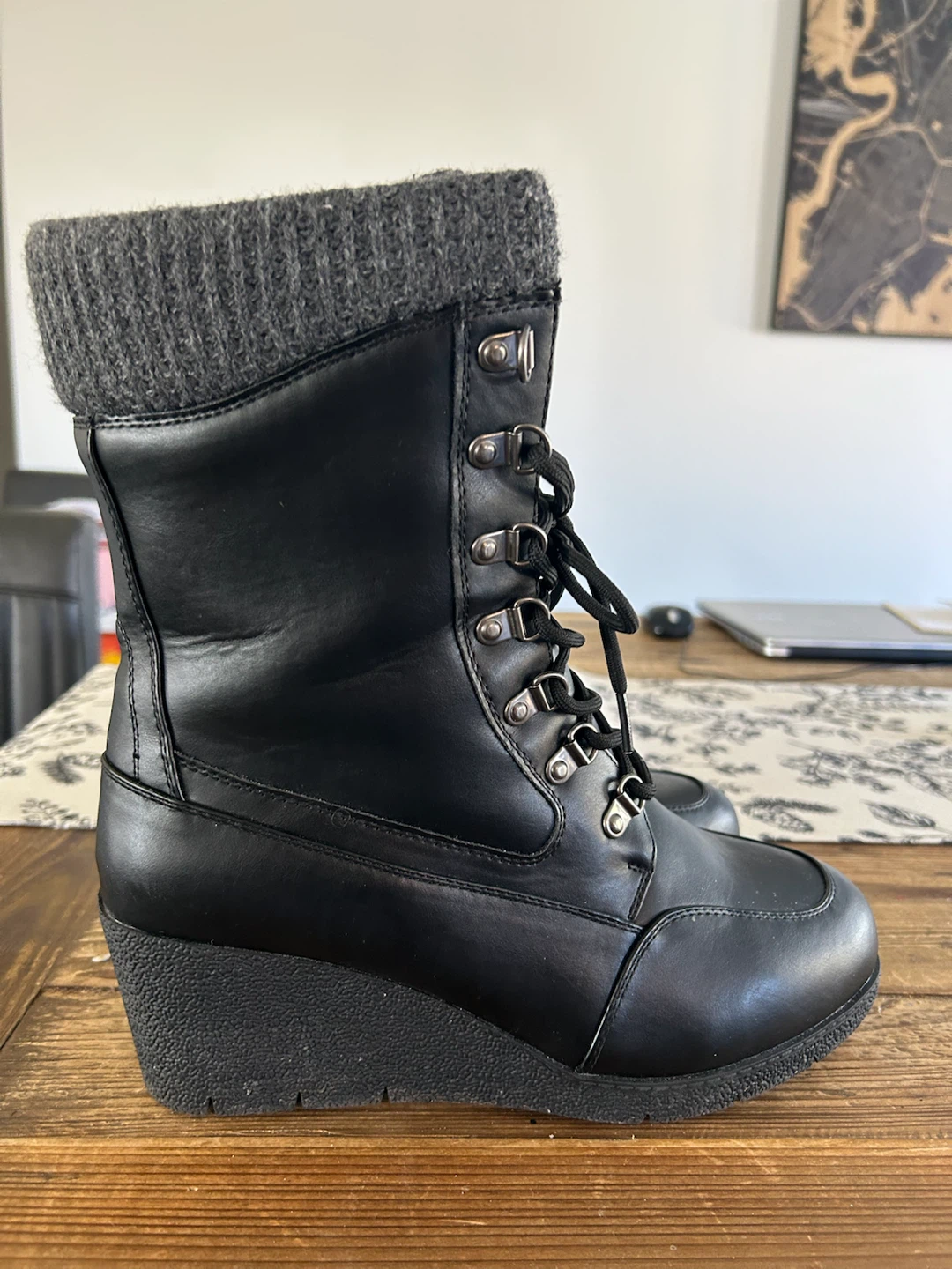 Black wedge lace-up boots with knit cuff