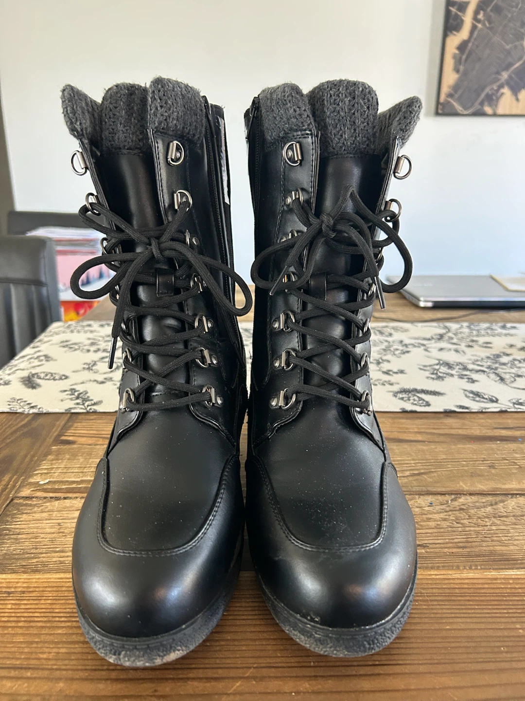 Black wedge lace-up boots with knit cuff - photo 2