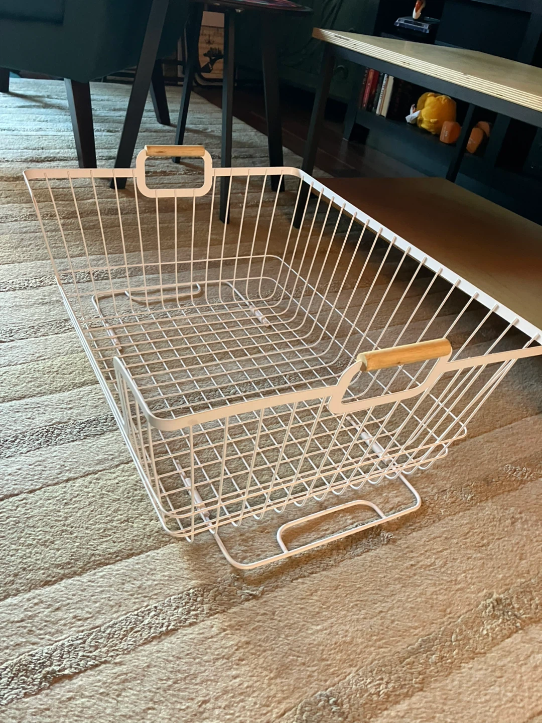 White Wire Storage Basket with Wooden Handles