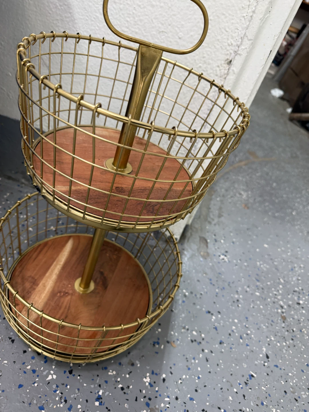 2-Tier Metal and Wood Wire Basket Stand