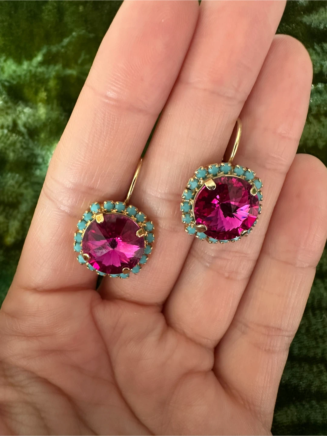Hot Pink Crystal and faux Turquoise Leverback Earrings