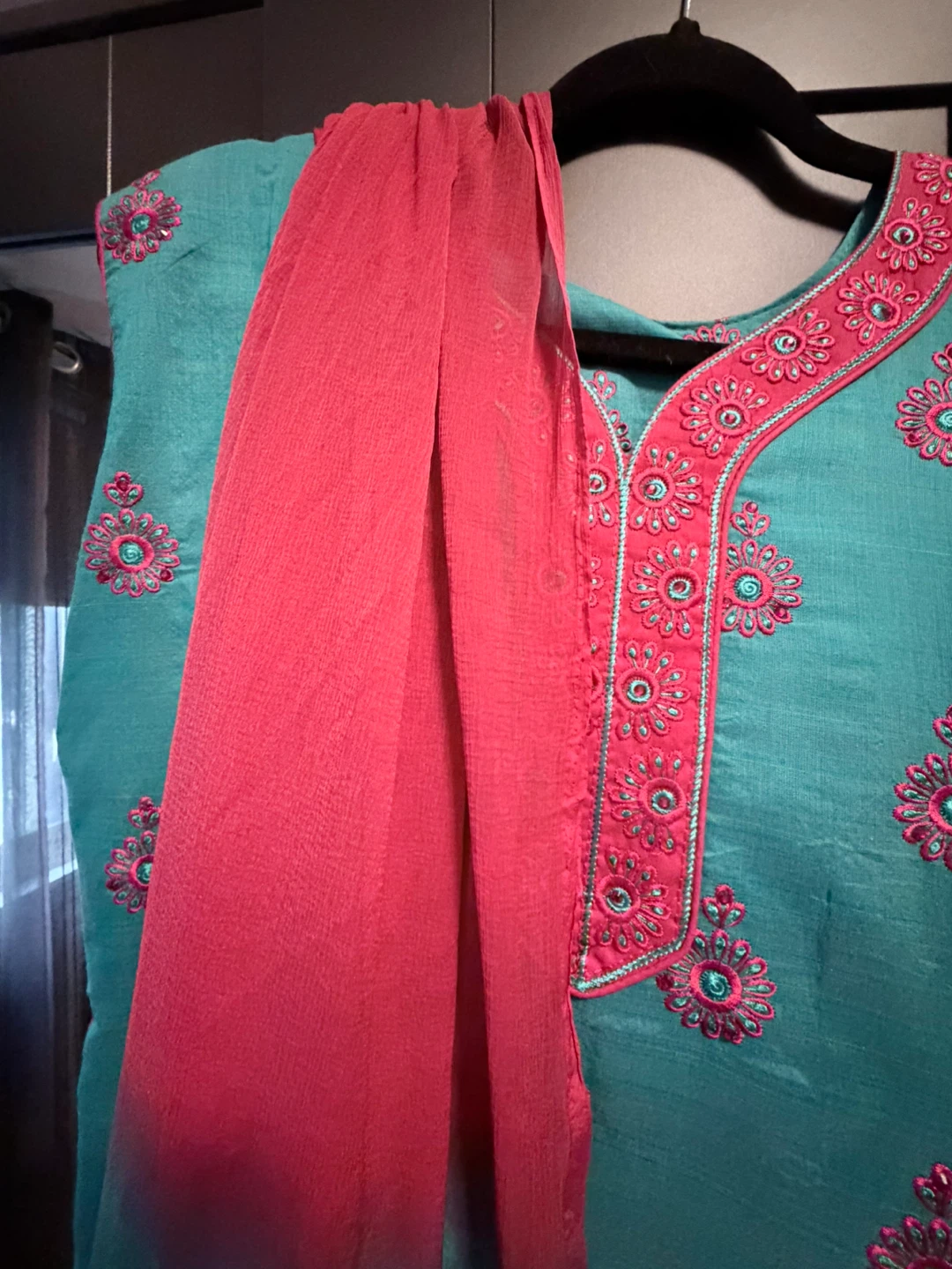 Teal and Pink Embroidered Salwar Kameez