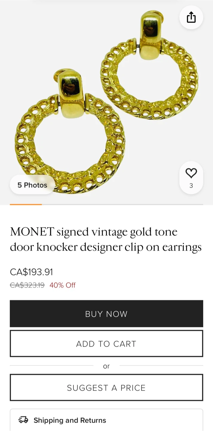Vintage Monet Gold Tone Clip-On Earrings - photo 5