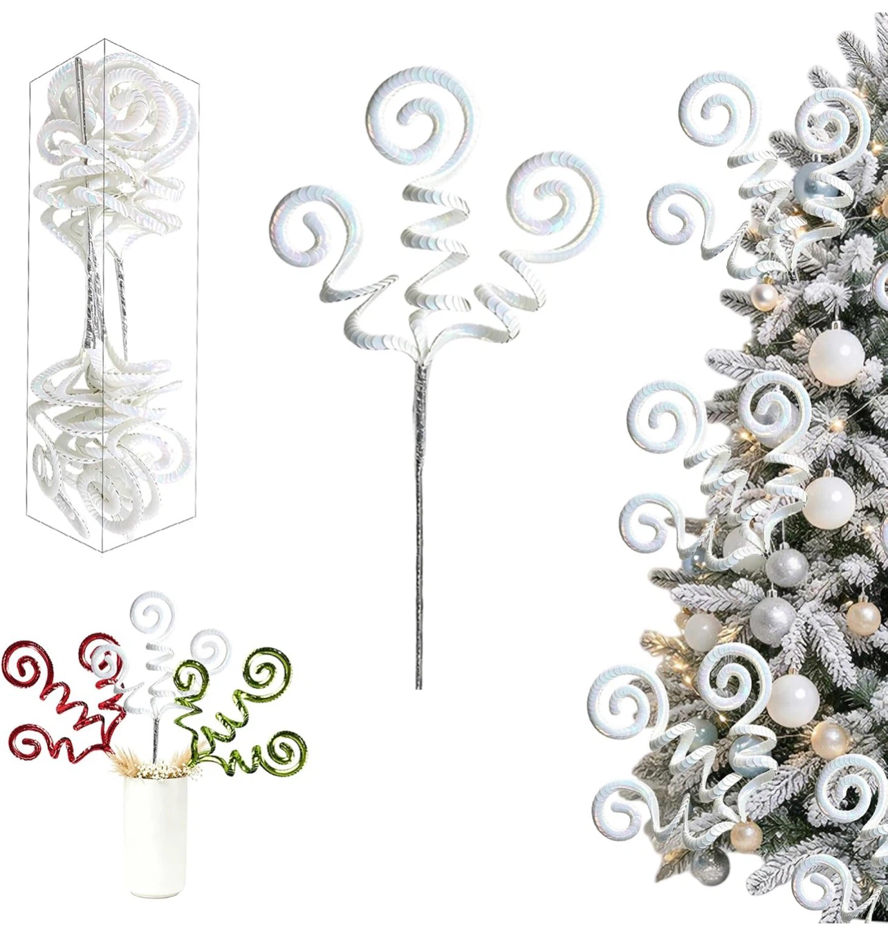 White Iridescent Curly Christmas Tree Picks