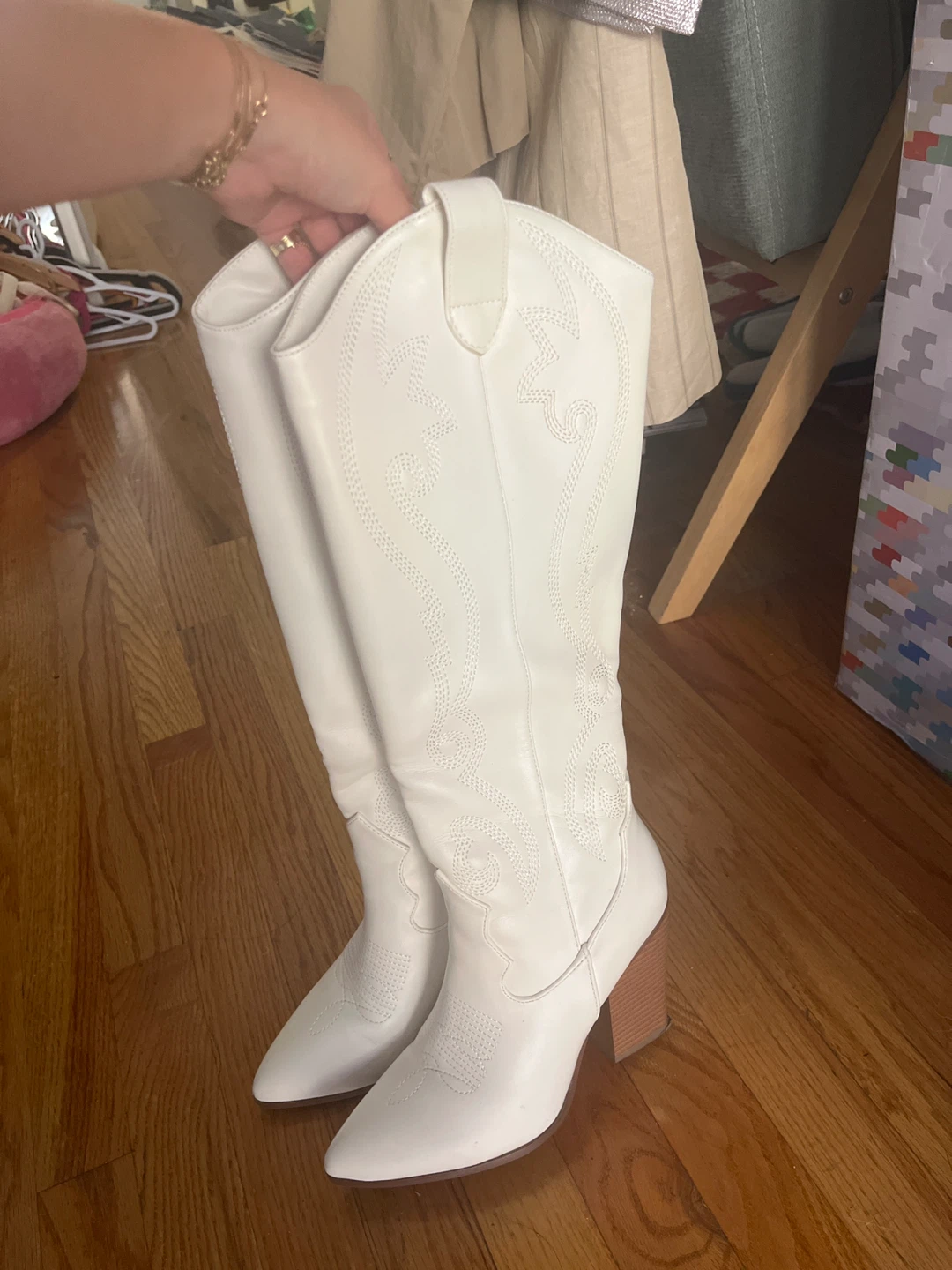 White Western Knee-High Boots