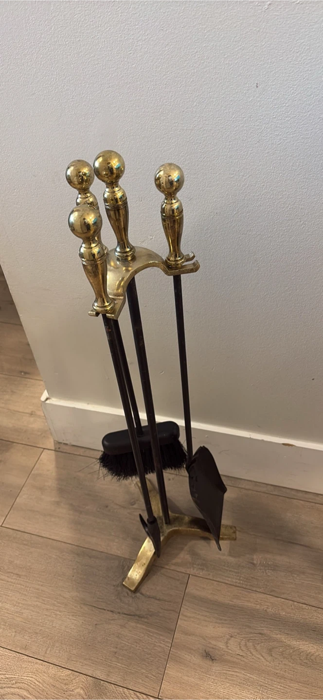 Vintage Brass and Black Fireplace Tool Set