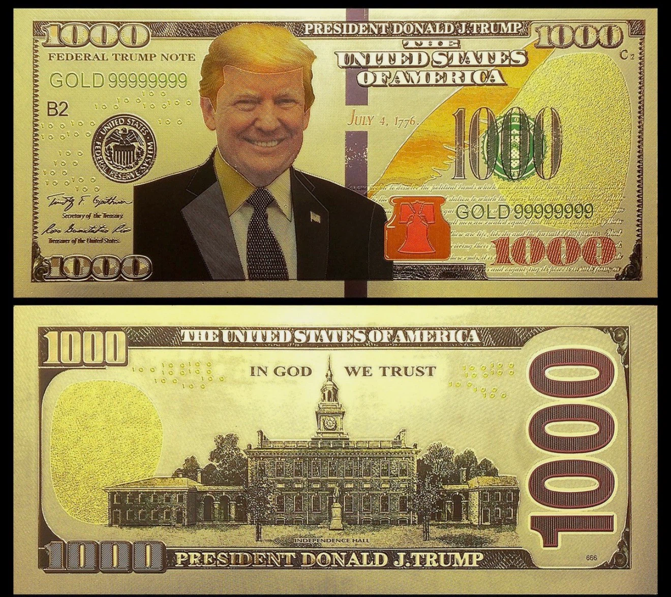Donald Trump 1000 Gold Novelty Notes 24kt