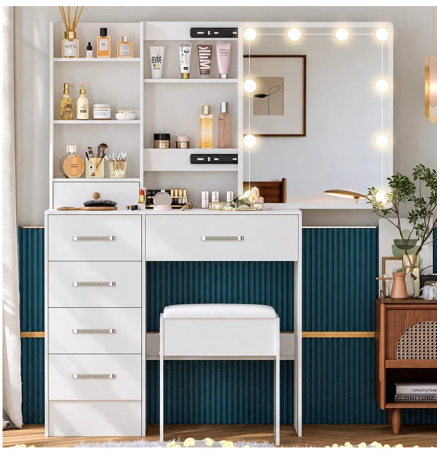 White Vanity Desk with Sliding Mirror and Stool