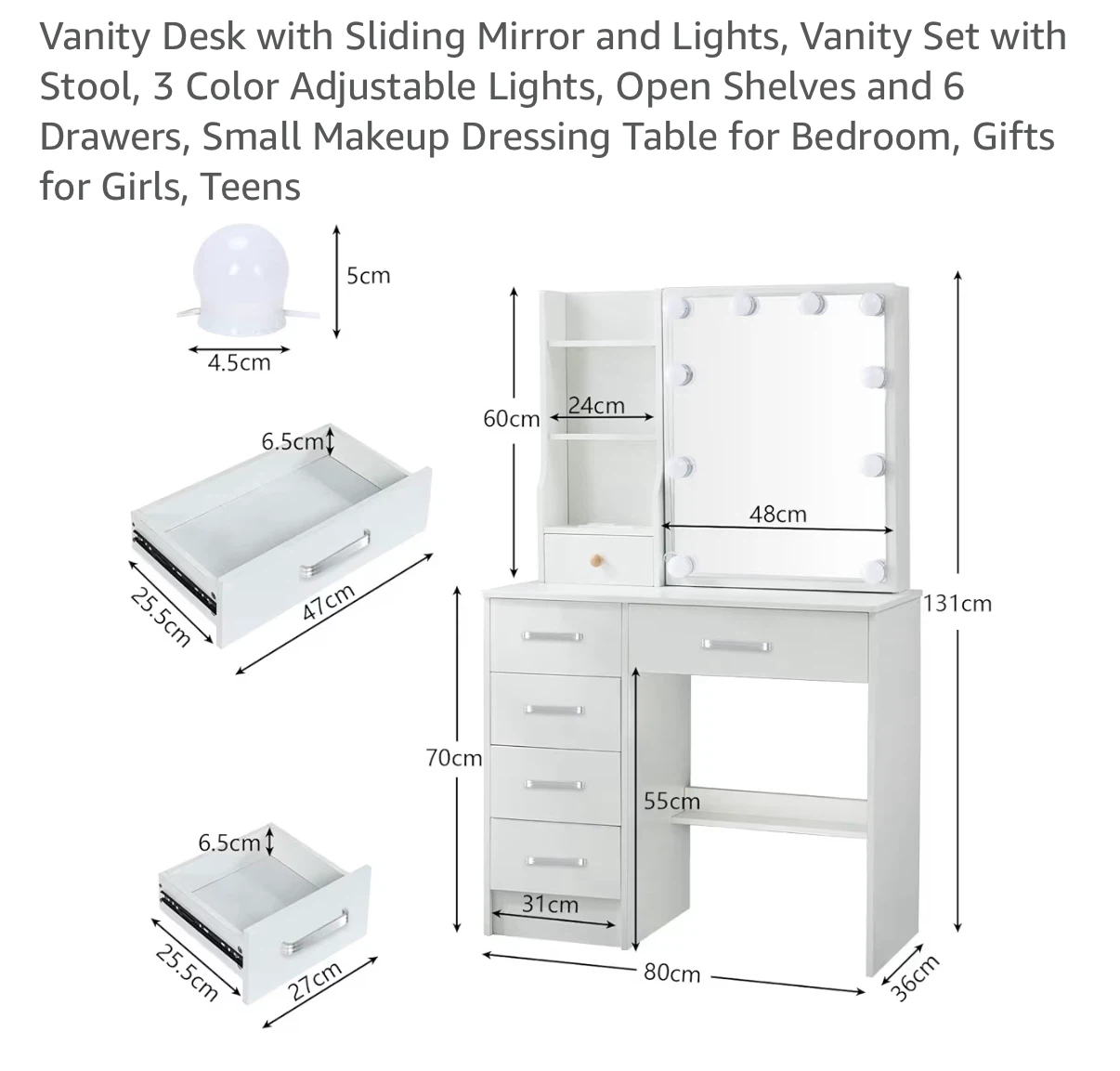 White Vanity Desk with Sliding Mirror and Stool - photo 2