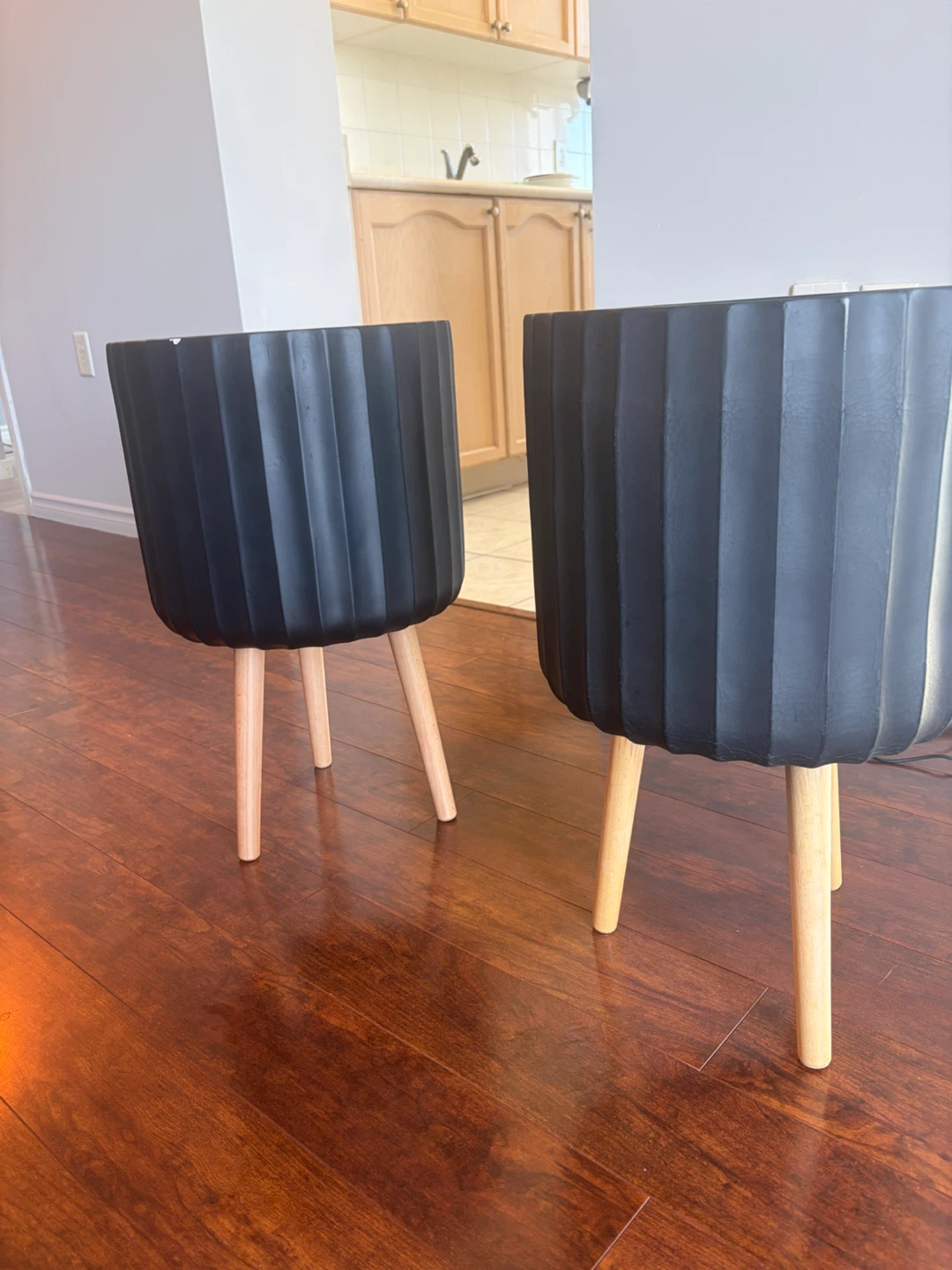 Set of Two Black Ribbed Planters on Wood Legs